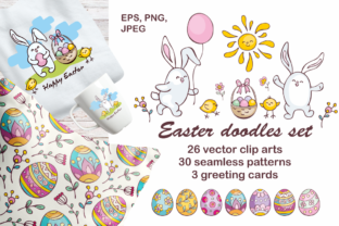 Easter Doodles Set Vector Clip Arts and Seamless Patterns