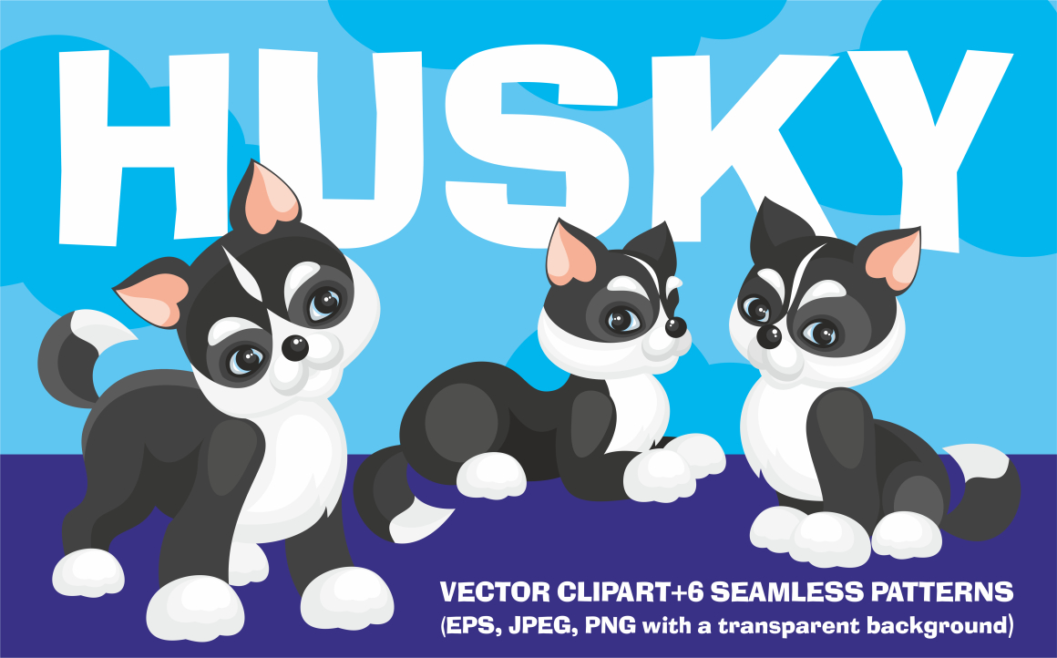 Husky Dog Vector Clip Art Illustrations and Seamless Patterns
