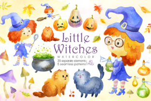 Little Witches. Halloween Watercolor Clip Arts and Seamless Patterns: Effortless, Elegant Design for Crafters and Creators